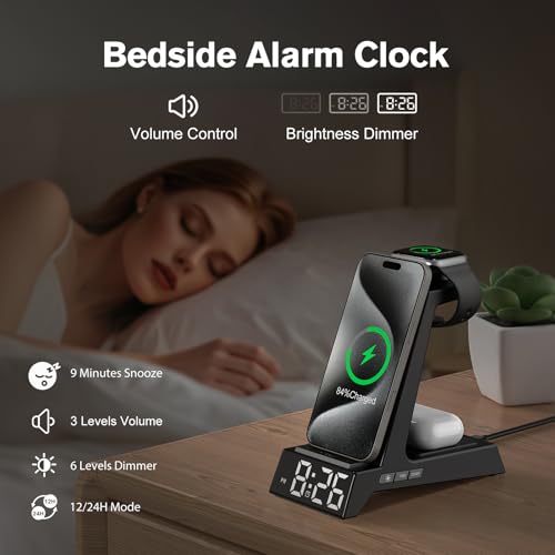 ANJANK 4 in 1 Wireless Charging Station Alarm Clock, Charging Dock for Apple Devices, Charger Stand for iPhone 17 Air 16 15 14 13 12 Series for Apple Watch 11 10 9 8 7 6 5 UItra/SE & AirPods, Dimmable - color: Black