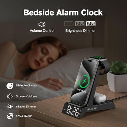 ANJANK 4 in 1 Wireless Charging Station Alarm Clock, Charging Dock for Apple Devices, Charger Stand for iPhone 17 Air 16 15 14 13 12 Series for Apple Watch 11 10 9 8 7 6 5 UItra/SE & AirPods, Dimmable - color: Black
