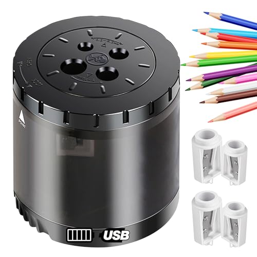 Heavy-Duty Electric Pencil Sharpener USB and Battery Power 4 Replacement Blades 4-Hole Adjustable for 6-12mm Art Pencils Large Capacity Automatic Pencil Sharpeners Black