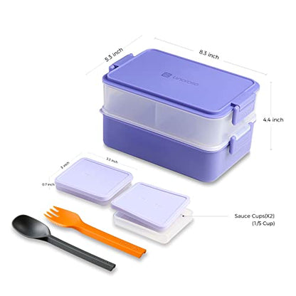 linoroso Stackable 2-Tier Adult Bento Box, 4 Compartments - Veri Peri | leakproof bento lunch box with fork & spoon + sauce cups, microwave/dishwasher safe, perfect for office, school & daily meals - color: Veri Peri