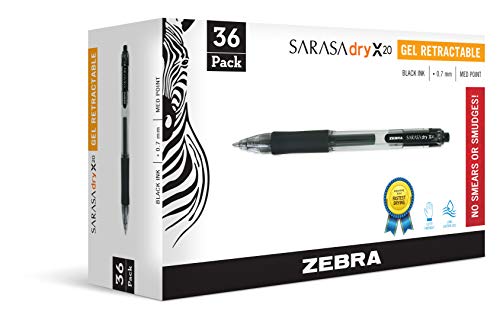 Zebra Pen Sarasa Dry X20 Retractable Gel Pens, 0.7mm Medium Point, Black Ink with Rapid Fast Dry Ink Technology, Ideal for the Left-Handed, Eliminates Smudging and Smearing in Seconds, 36-Pack (46136) - color: Black D