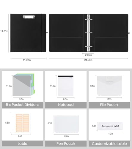 3 Ring Binder with Clipboard,2 Inch Binders with Notepad&5 Dividers with Pockets, Labels,PU Clipboards for School Office(Black,Letter Size) - color: Black, size: Letter Size -2 Inch