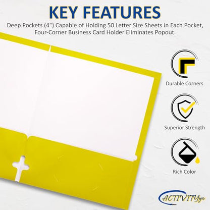 10 Pack Two Pocket Folders, Yellow, Strong Thick Paper Folders, for Letter Size, by ACTIVITYya, - color: Yellow