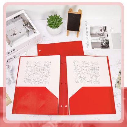 Yeaqee 72 Pcs Plastic Folders with Pockets Bulk 3 Hole Punched 2 Pocket File Folders for 3 Ring Binder Divider Folder for Notebooks, Durable Poly for Office Home (Red) - color: Red