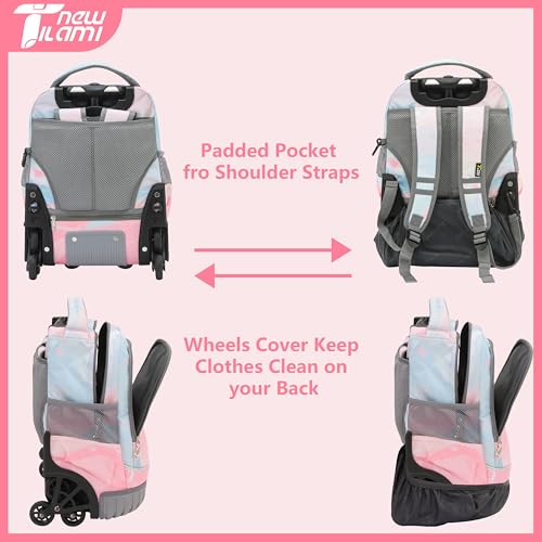 NEW TILAMI 16 Inch Rolling Backpack with Lunch Bag for Kids Adjustable Handle Carry-on Suitcase Wheels for Girls Boys School Travel Camping, Pastel Pink - Blue - color: Pastel Pink - Blue