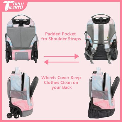 NEW TILAMI 16 Inch Rolling Backpack with Lunch Bag for Kids Adjustable Handle Carry-on Suitcase Wheels for Girls Boys School Travel Camping, Pastel Pink - Blue - color: Pastel Pink - Blue