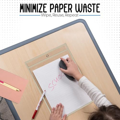 Essex Wares - 6 Pack, Beige, Durable Water-Resistant Dry Erase Pocket Document Protectors, 10" Wide x 13.5" Tall - Dry Erase Clear Plastic Sleeves - Reusable & Easy Erase Plastic Invoice Holders - color: Beige