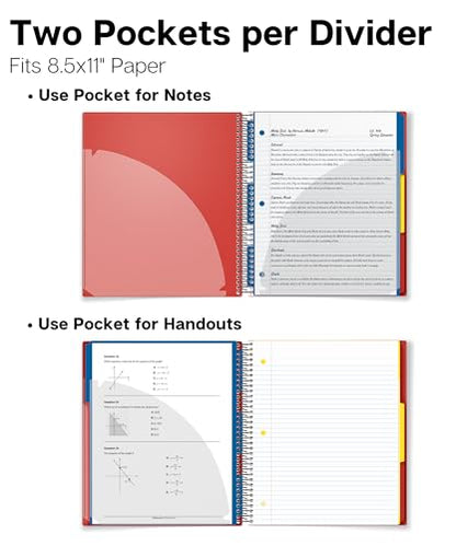 Dunwell 3-Subject Spiral Notebook College Ruled 8.5x11 (Red), 150 Sheets (300 Pages), Tabs, Color Movable Divider Pockets, Protective Plastic Covers, 3-Hole Punched Tear-Off Paper - color: Red