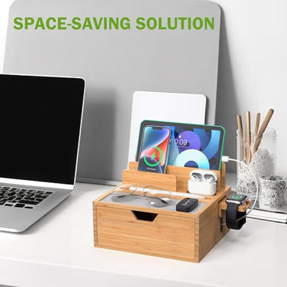 Pezin & Hulin Bamboo Charging Station with Power Charger & Cables-Black | Nightstand Docking Station with Lined Tray & Drawer for Multi Device, Compatible with Tablet, Cell Phones, Watch & Earbuds - color: #1 Bamboo (With Charger)