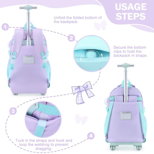 Bevalsa Rolling Backpack for Girls, Roller Backpack with Wheels, Cute Bow Wheeled School Bookbag Set with Lunch Bag & Pen Case, Suitcases for Kids Teens Elementary Middle Student (Purple Green) - color: Purple Green