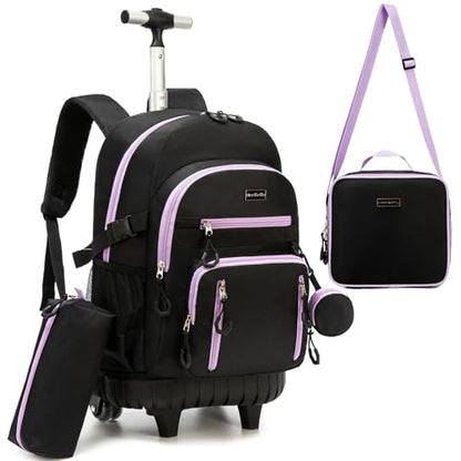 Backpack with Wheels for Girls Rolling Backpack for Kids 8-12 Roller Backpacks for Girls 10-12 School with Lunch Bag Pencil Case - color: Solid New Black Purple