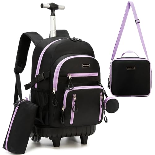 Backpack with Wheels for Girls Rolling Backpack for Kids 8-12 Roller Backpacks for Girls 10-12 School with Lunch Bag Pencil Case - color: Solid New Black Purple