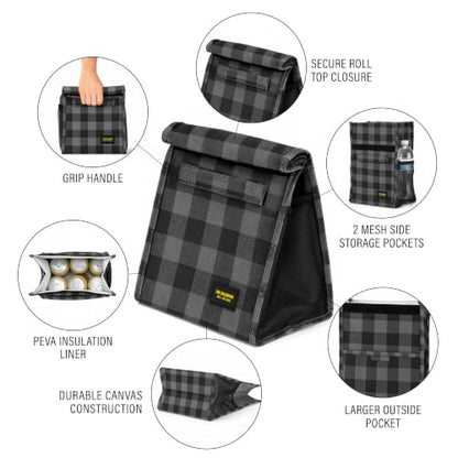 2nd Childhood Insulated Lunch Bag for Men, Durable & Reusable, Plaid Grey | Slim lunch bag with carry handle, two mesh side pockets and a back slip pocket; insulated liner keeps food cool - color: Buffalo Grey