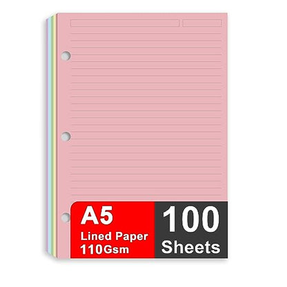 A5 Filler Paper, 3 Hole Notebook Refills Paper for 3 Ring Refillable Binder, 110 Gsm 5-Color Loose Leaf Planner Refill Paper, 100 Sheets/200 Pages, 5.7 x 8.3 Inch - color: green