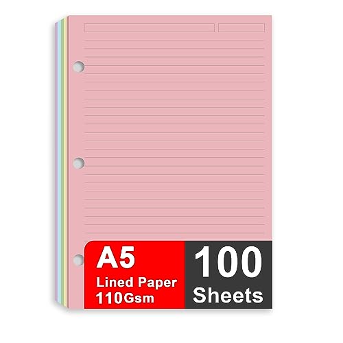 A5 Filler Paper, 3 Hole Notebook Refills Paper for 3 Ring Refillable Binder, 110 Gsm 5-Color Loose Leaf Planner Refill Paper, 100 Sheets/200 Pages, 5.7 x 8.3 Inch - color: green
