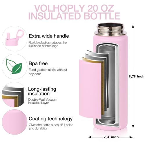 Volhoply 20oz Insulated Stainless Steel Water Bottle with Straw Lid, Kids Wide Mouth Double Wall Vacuum Cups with Handle,Reusable Outdoor Sports Metal Bottles,Travel Flask Keep Cold&Hot(Purple,1) - color: Purple