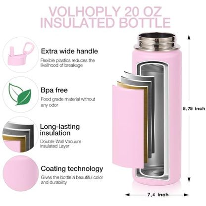 Volhoply 20oz Insulated Stainless Steel Water Bottle with Straw Lid, Kids Wide Mouth Double Wall Vacuum Cups with Handle,Reusable Outdoor Sports Metal Bottles,Travel Flask Keep Cold&Hot(Purple,1) - color: Purple
