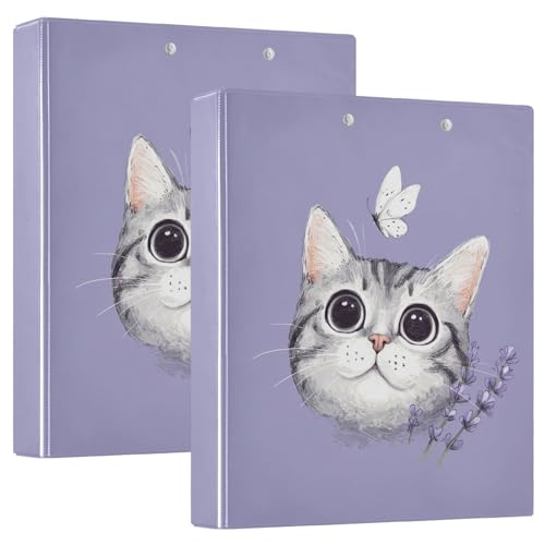Fustylead Lovely Cat and Butterfly Lavender 3 Ring Binder, D-Rings 1.5" Hardcover Folder, Fits 200 Sheets of A4 Paper, Durable Clipboard & Clean View with Inside Pockets for School Home Office - size: 12.4x10.63x2.36 Inch-2 Pack