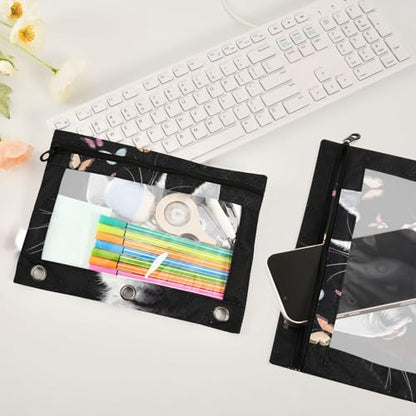 Kcldeci Pencil Pouch for 3 Ring Binder with Clear Window, Portrait of Cat and Butterflies - color: A07