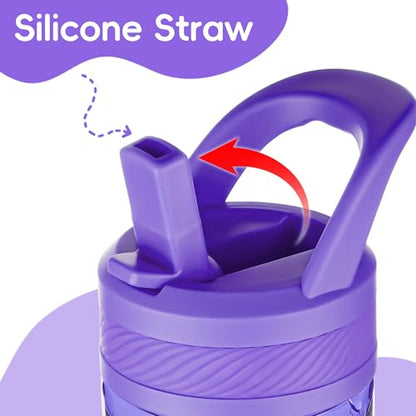 14oz Clear Kids Water Bottle with Straw Lid, BPA-Free Tritan, Measurement Scale, Sturdy Handle Wide Mouth Leak-proof Reusable Plastic Bottle for Boy& Girls, Back to School(Dark Purple) - color: Dark Purple