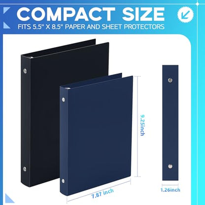 Henoyso 6 Pcs 1 Inch Mini Plastic 3 Ring Binders Fits 5.5" x 8.5" Paper, Holds(Capacity 200 Sheets), Flexible Three Round Rings Small Dark Blue A5 Binders Bulk for School, Office Use, Photo Album - color: Dark Blue, size: 1 Inch