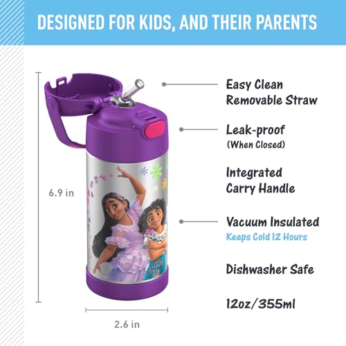 THERMOS FUNTAINER Water Bottle with Straw - 12 Ounce - Kids Stainless Steel Vacuum Insulated Water Bottle with Lid, Encanto - color: Encanto