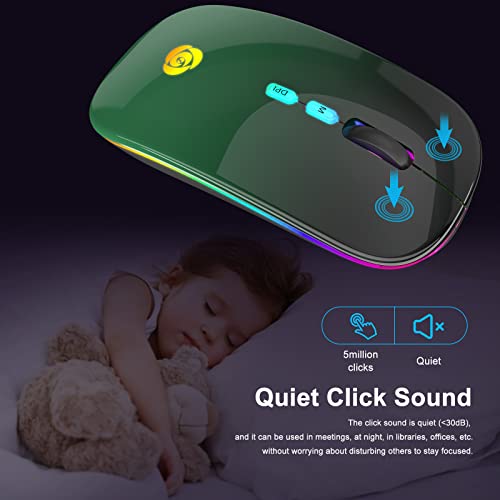 LED Wireless Mouse, Bluetooth Mouse &2.4GHz Instant Connection,Rechargeable Ultra Silent Slim,3 DPI 2 Connection Modes with USB-C to USB Adapter for Laptop/MacBook/PC/Tablet/iPad (Black-green) | Bluetooth mouse with 2.4GHz USB receiver, silent slim design