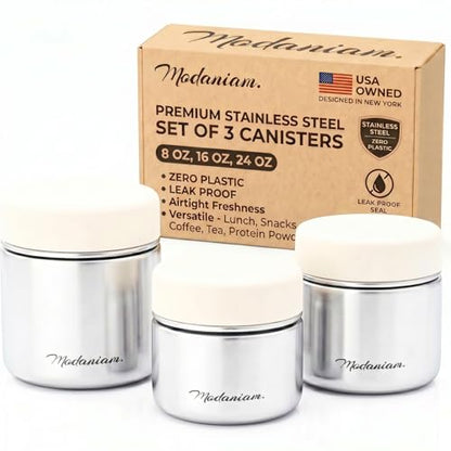 Modaniam Travel Stainless Steel Lunch Containers, Food Jar Travel Containers, Snack Containers, Portable Metal Lunch Box For Yogurt, Oatmeal, Leak Proof, Vanilla - Set of 3 8OZ+16 OZ+ 24 OZ - color: Vanilla: Set of 3 Canisters 8OZ + 16 OZ + 24 OZ
