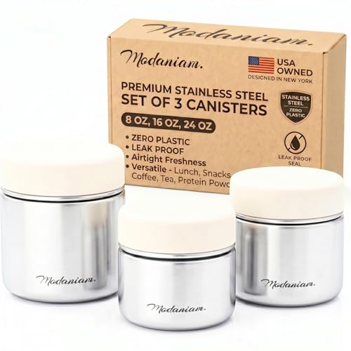 Modaniam Travel Stainless Steel Lunch Containers, Food Jar Travel Containers, Snack Containers, Portable Metal Lunch Box For Yogurt, Oatmeal, Leak Proof, Vanilla - Set of 3 8OZ+16 OZ+ 24 OZ - color: Vanilla: Set of 3 Canisters 8OZ + 16 OZ + 24 OZ