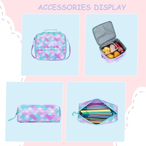 Cute Mermaid Rolling Backpacks with Wheels for Girls Aesthetic Rolling Backpack for Elementary with Lunch Box School Trolley Backpack for Girls School Supplies - color: Mermaid
