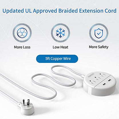 NTONPOWER Braided Power Strip Flat Plug with USB, Compact Nightstand Desktop Charging Station with 3 Outlets 2 USB Ports, Wall Mount Small Size for Dorm Nightstand Home Office, White - size: 5ft, style: Braid Cord