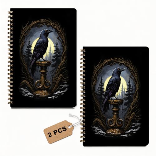 2 Pcs Gothic Crow Gifts A5 Spiral Notebook, 160 Pages Journal Notebook | Raven College Ruled Notebooks, Crow Themed Spiral Notepad, Hardcover Journals for Writing Office, Raven Lover Gifts for Women - color: Multicolour 0014