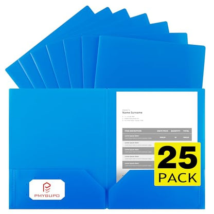 pmybupo Blue Plastic Folders with Pockets,25 Pack Document Folders with Business Card Slot,2 Pocket Folders Back to School Supplies for Office - color: Blue