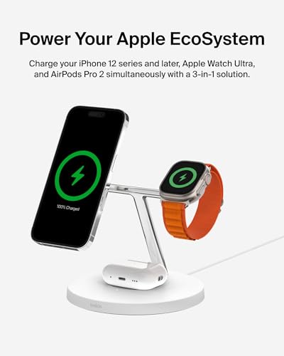 Belkin MagSafe Charger, 3-in-1 Wireless Charging Stand, 2ND GEN, 33% Faster for Apple Watch, iPhone 16, iPhone 15, iPhone 14 Series, AirPods - MagSafe Charging Station for Multiple Devices - White | WIZ017TTWH), Magsafe Iphone Fast Charging Up to 15W, Wir
