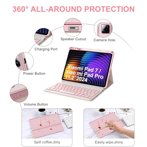 IVEOPPE Keyboard Case for Xiaomi Pad 8/8 Pro/Pad 7/7 Pro 11.2 Inch Backlit | 7 Color Backlit, Magnetic Detachable Wireless Bluetooth Keyboard, Pencil Holder, Stain Resistant Cover, Rechargeable - color: Pink2