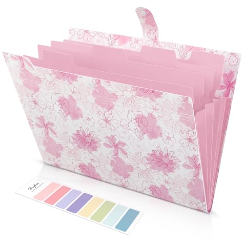 SKYDUE Accordion File Organizer, Floral Expanding File Folders with 5 Pockets, Cute Document Organizer for Paper Bills Receipt Storage, School Office & Hospital Supplies Letter/A4 Size Pink - color: Pink