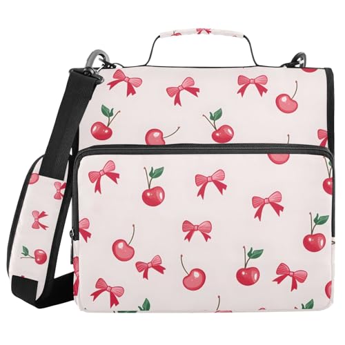 Cherry Bow Pattern 3 Ring Zipper Binder Bag Binder Organizer with Handle Shoulder Strap for School Work Office Supplies - color: Cherry Bow Pattern