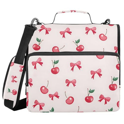 Cherry Bow Pattern 3 Ring Zipper Binder Bag Binder Organizer with Handle Shoulder Strap for School Work Office Supplies - color: Cherry Bow Pattern