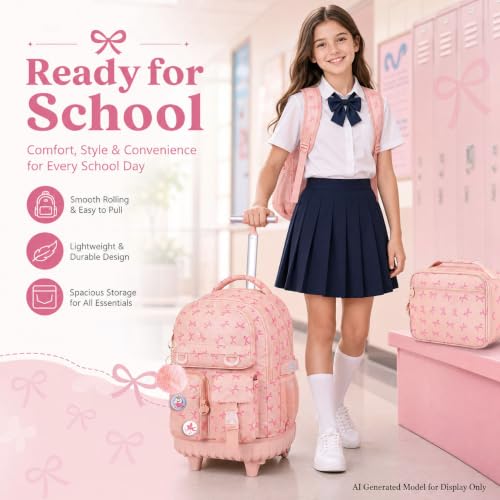 CCJPX 3Pcs Rolling Backpack for Girls, Roller Wheeled School Bookbag, Bow Wheels Backpacks with Lunch Box for Kids (Pink) - color: Bow Pink