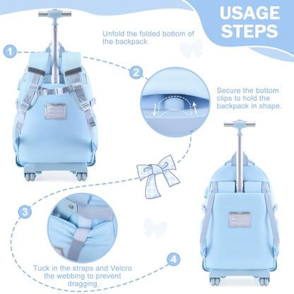 Bevalsa Rolling Backpack for Girls, Roller Backpack with Wheels, Cute Bow Plaid Wheeled School Bookbag Set with Lunch Bag & Pen Case, Suitcases for Kids Teens Elementary Middle Student (Blue) - color: Blue Plaid