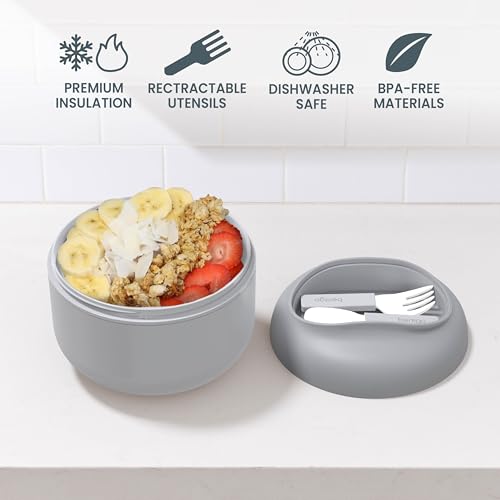 Bentgo Bowl - Insulated Leak-Resistant Bowl with Snack Compartment, Collapsible Utensils and Improved Easy-Grip Design for On-the-Go - Holds Soup, Rice, Cereal & More - BPA-Free, 21.2 oz (Gray) - color: Gray