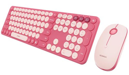 seenda Wireless Bluetooth Keyboard Mouse Combo, COE202 Retro Cute Round Keyboard, Silent Mouse, 3 Multi-Device Connection, Full Size Compatible for PC/Laptop/Mac/MacBook/iPad/Tablet, Pink - color: Pink
