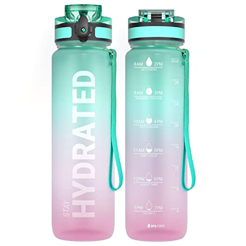 Sahara Sailor Water Bottle, 32/25/17oz Durable and Leakproof Water Bottles Motivational with Time Marker, Tritan, BPA Free, Wide Mouth with Easy Clean Brush for Gym, Travel, School, Office (1 Bottle) - color: Bubble Gum, size: 33.8 Ounces
