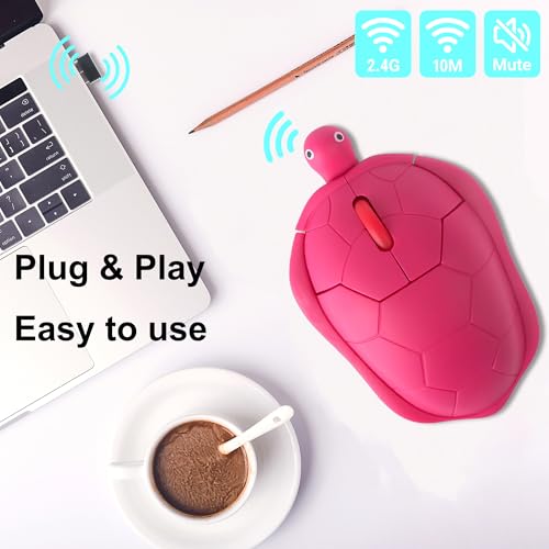 Wireless Mouse Cute Red Animal Turtle Design Silent Click Portable Lightweight USB Travel Optical Small Middle Hands Mice for PC/Laptop/Computer/MacBook Kids Girls Women Mother Office Shool Gift - color: Rose Red
