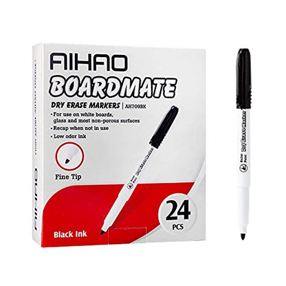 AIHAO Black Fine Tip Dry Erase Markers, 24 Pack Low Odor Whiteboard Markers, Thin Dry Erase Pens for Classroom, Office & Home Use