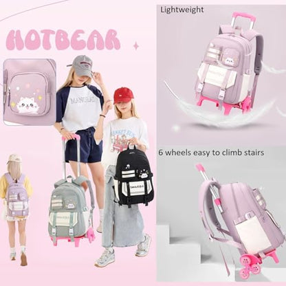 Cat Print Rolling Backpack for Girls Kids Backpack with Wheels Roller Bookbag Trolley School Bag Wheeled Bag Black - color: 6 Wheels Black A1, style: 6 Wheels