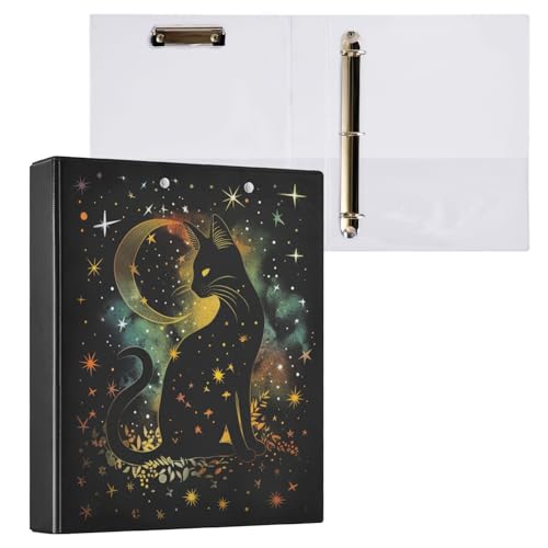 Halloween Black Cat Silhouette and Stars Moon 3 Ring Binder 1.5" Decorative D-Ring Binder with Clipboard&3 Clear Pockets, Holds 200 Sheets A4 Size Paper Waterproof Binders for School Home Office - color: Black Cat Silhouette, size: ‎12.4x10.63x2.36 Inch-1