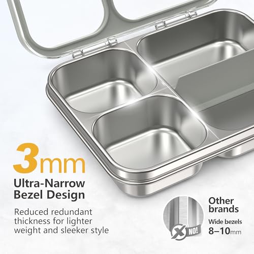 Stainless Steel Bento Lunch Box, 34oz/1000ml Leak Proof Metal Container, Lightweight 3mm Ultra-Narrow Bezel with Tritan Lid for Kids & Adults, 3-Compartment, BPA/BPS Free, Dishwasher Safe, Gray - color: Gray, size: 34oz/1000ml