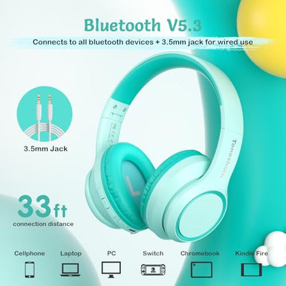 TONOSHARK Kids Bluetooth Headphones with Active Noise Cancelling, Wireless Over-Ear Headphones for Boys Girls, Foldable, Adjustable,40H Playtime, Mic for School Travel (Mint Green) - color: Mint Green