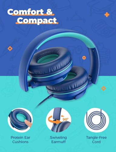 iClever 2Pack Kids Headphones with Sharing Splitter - 85dBA Safe Volume Limited - HS22 Wired Headphones for Kids Teens, Tangle-Free 3.5mm Jack Foldable Stereo Headphone for School/Tablet/Travel - color: Navy Blue & Black
